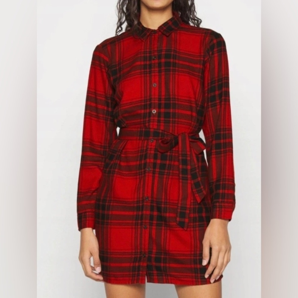 Abercrombie & Fitch Red and Black Plaid Long Sleeve Shirt Dress